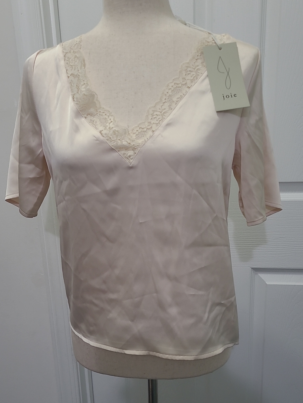 Joie Pale Blush Satin V-Neck Camisole with Lace Trim